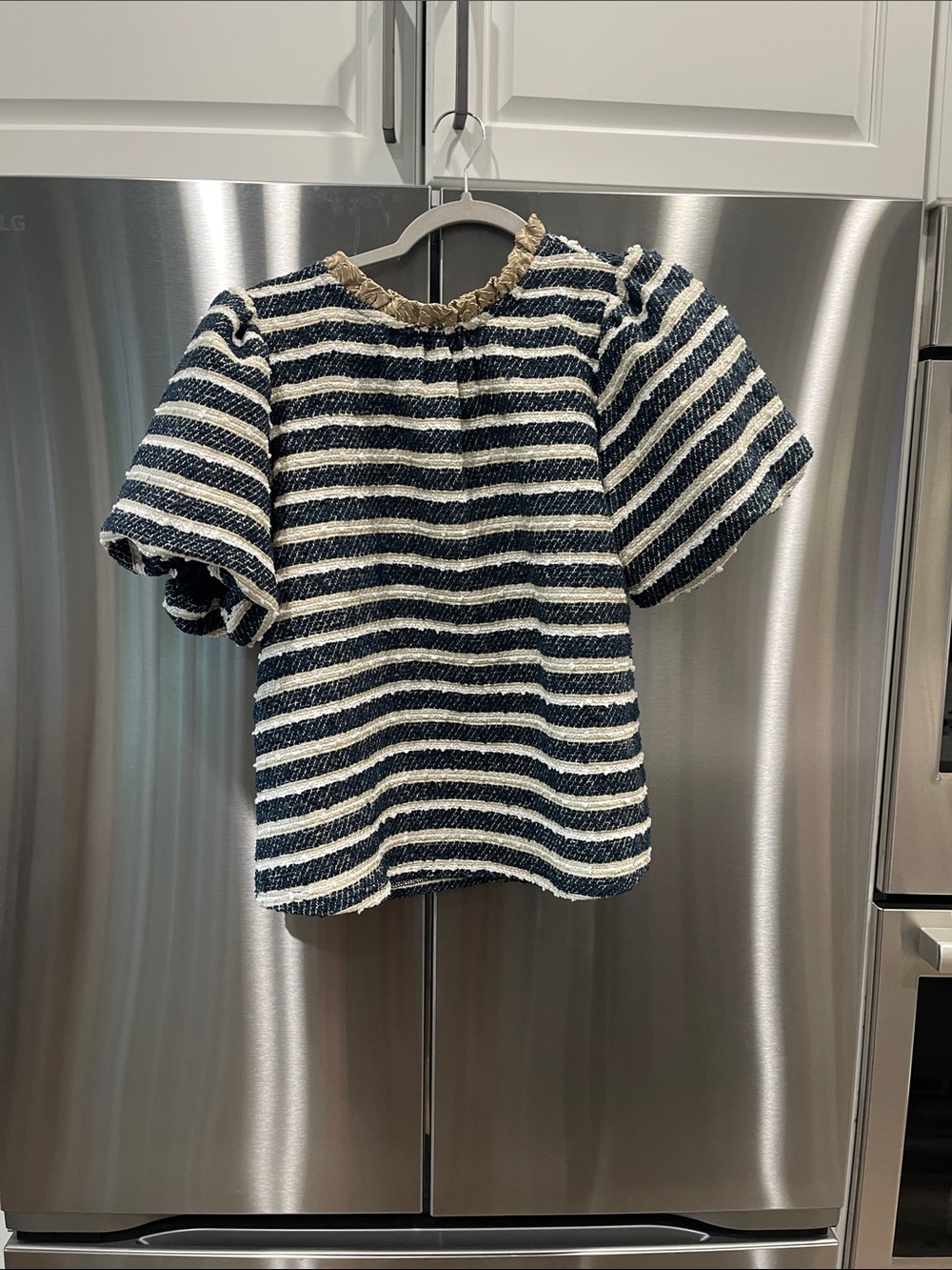 Textured Navy & White Striped Short Sleeve Top with Ruffle Neck